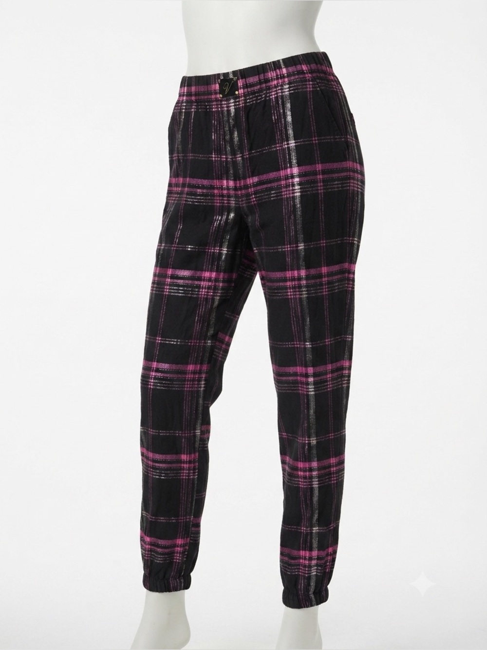 Victoria's Secret Black Pink Plaid Shimmer Flannel Jogger Pajama Pants M 8-10